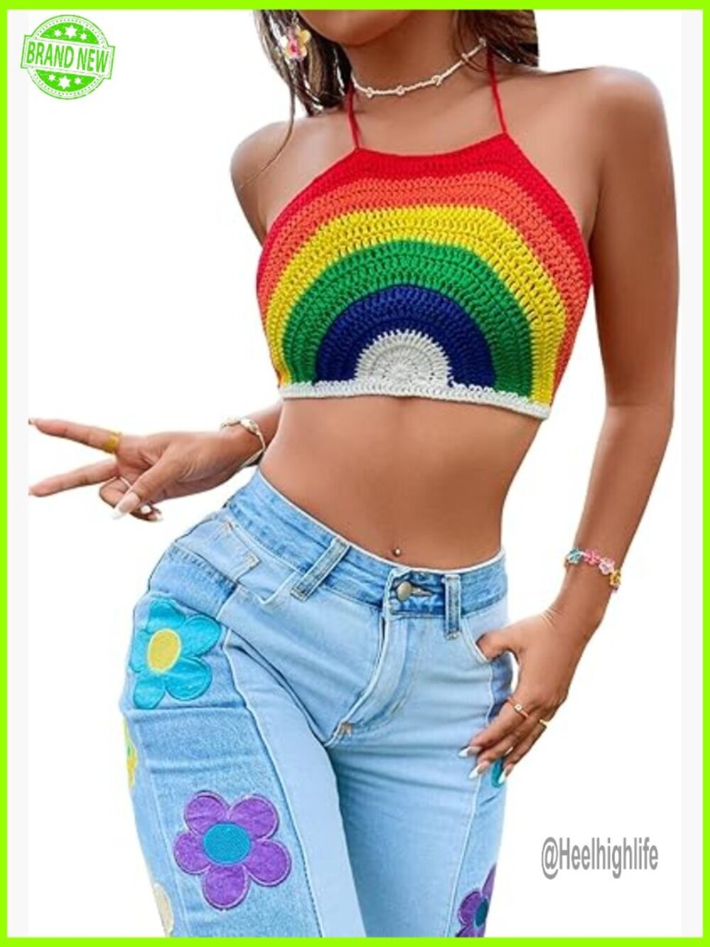 Backless Halter Tie Crop Top, Rainbow Striped, Sleeveless Knit